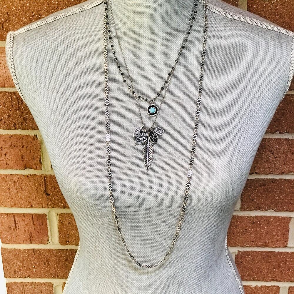 Lucky Brand Layered Charm Necklace-Feather - Turquoise Color - Boho Silver Tone